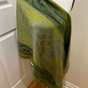 Vintage X-Large Blanket Scarf / shawl/ wrap blue, green and yellow 80” x 21”